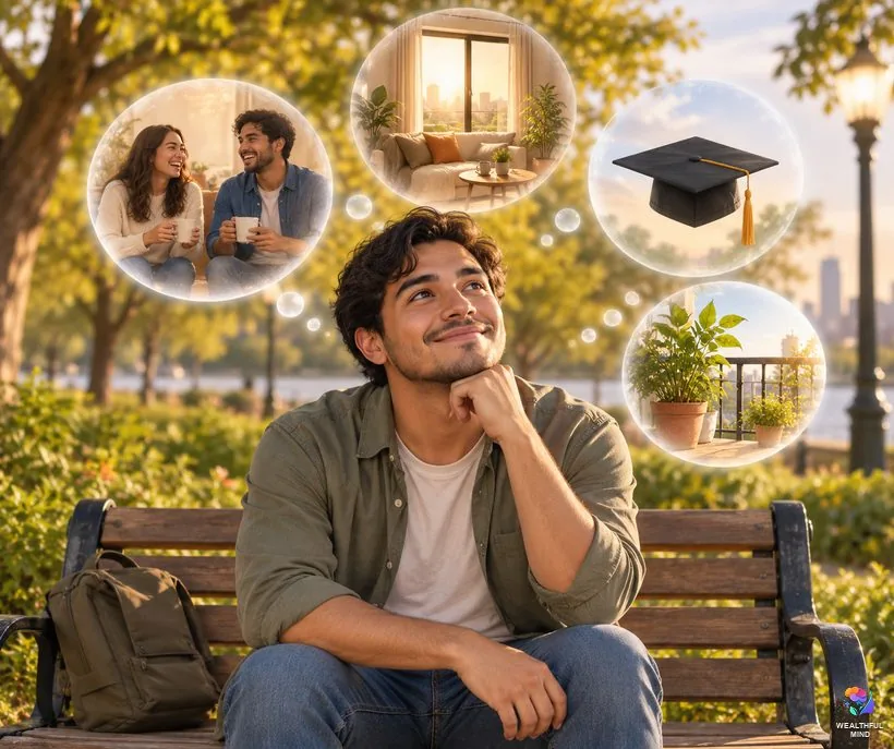 What can you manifest: a young man on a park bench imagining friendship, a home and new opportunities