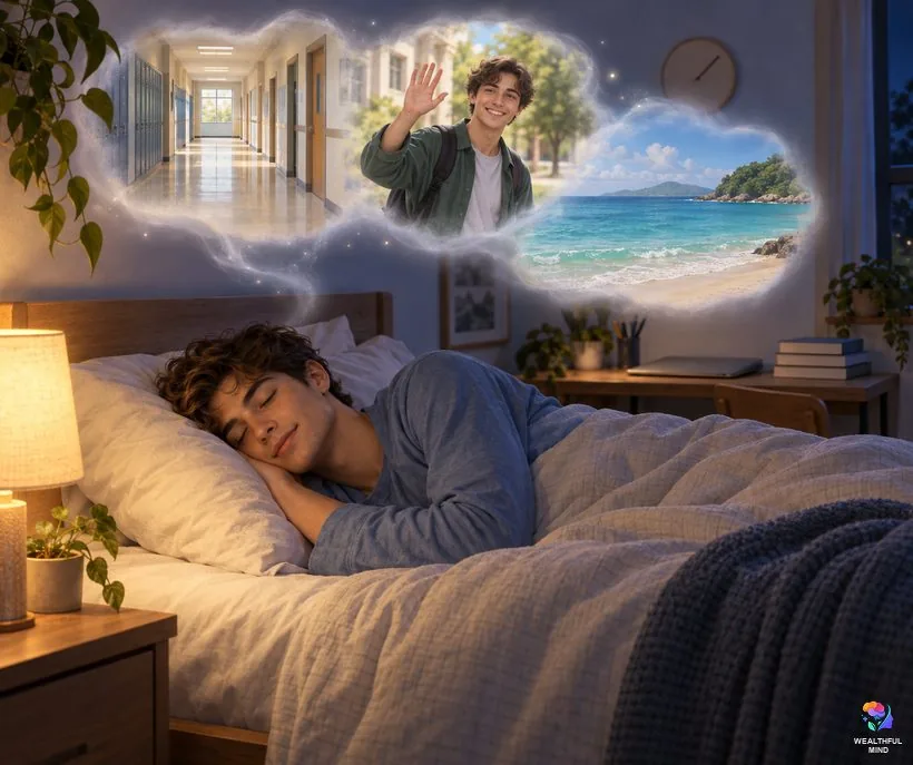 What dreams mean spiritually: a young man asleep while soft dream images of his day drift above the bed
