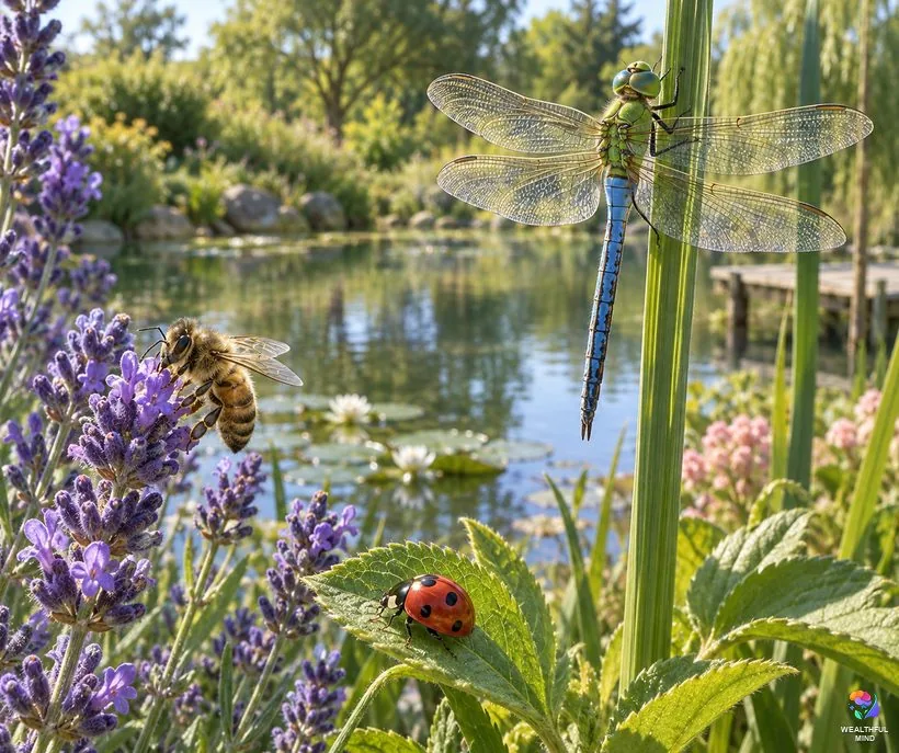 What do insects symbolize spiritually: a honey bee on lavender, a ladybird on a leaf and a green darner on a reed