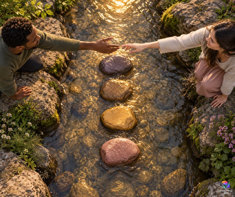 What does the 7482 angel number mean: four stones forming a path toward two hands reaching across a stream