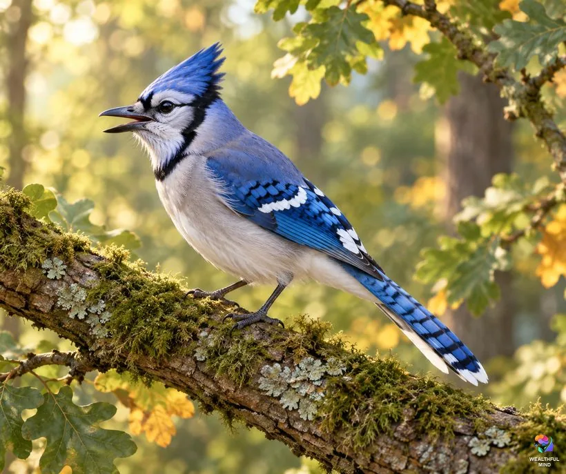 What a blue jay means spiritually: a blue jay with its crest raised, calling from a mossy oak branch