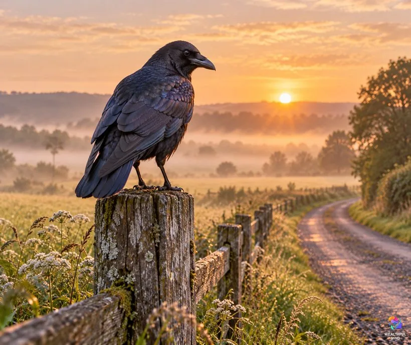 What a crow means spiritually: an American crow on a fence post at sunrise, head turned as if listening