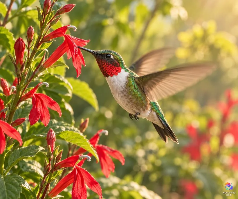 What does a hummingbird symbolize: a ruby-throated hummingbird drinking from a red cardinal flower in sunlight