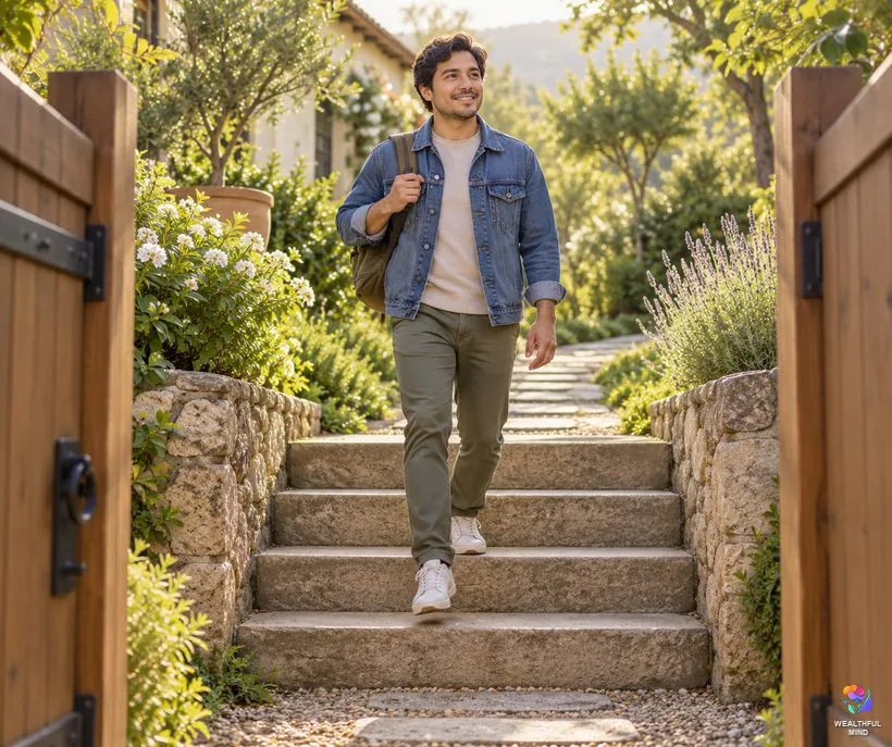 What does angel number 4321 mean: a young man walking down four garden steps toward an open gate in morning light