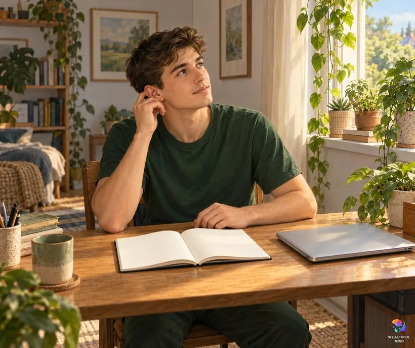 What does ear ringing mean spiritually: a young man pausing at his desk, hand lightly at his ear, looking up thoughtfully