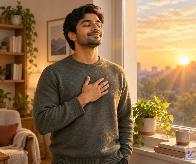 What does it mean to manifest: a young man at a sunrise window, eyes closed, focusing on what he wants