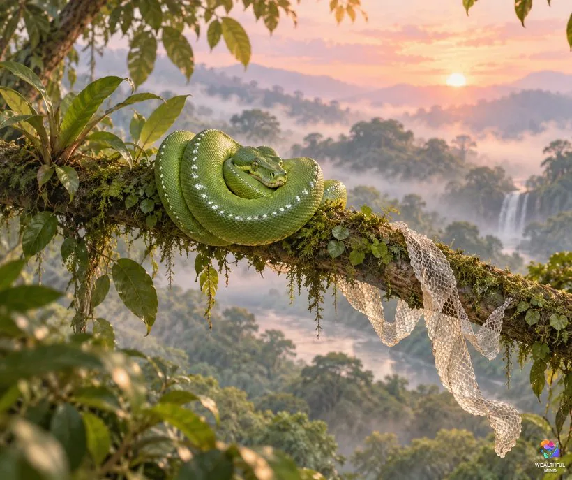 What does it mean when you dream about snakes: a green tree python on a branch beside its pale shed skin