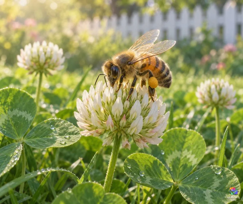 What does it mean when you see a bee: a honey bee gathering nectar from a white clover flower in morning light