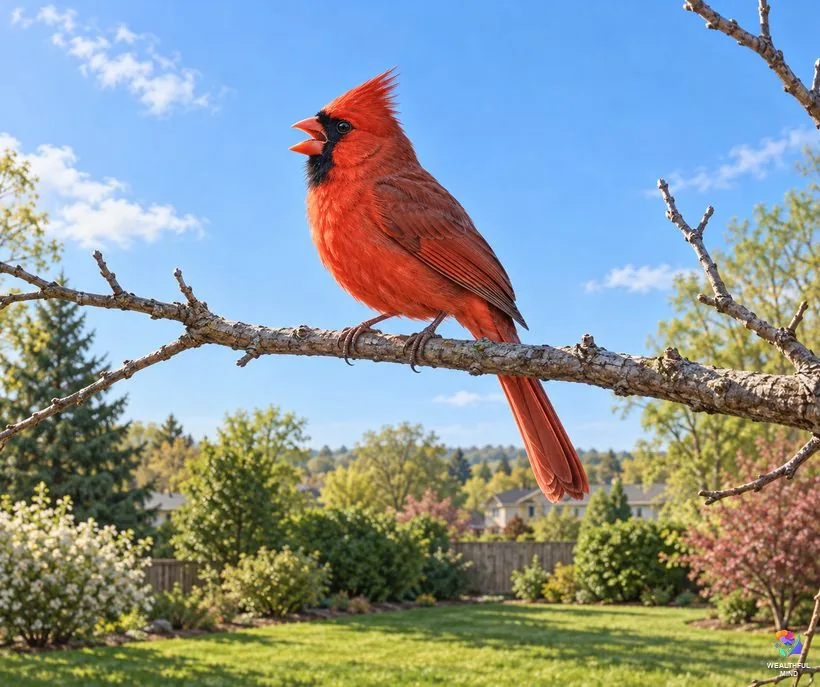 What does it mean when you see a cardinal: a red male cardinal singing from a high branch above a backyard