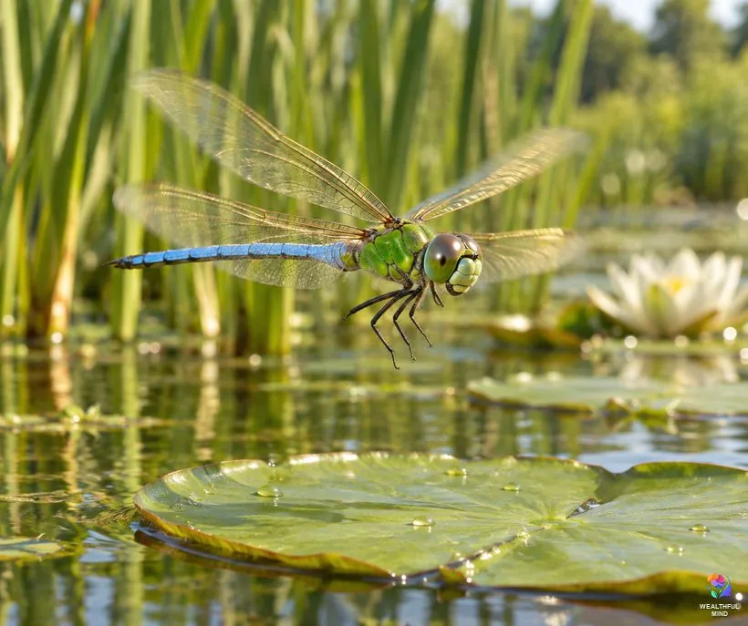 What does it mean when you see a dragonfly: a green darner hovering over lily pads on a sunny pond