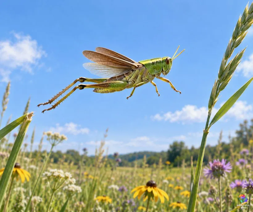 What does it mean when you see a grasshopper: a green grasshopper leaping between grass stems over a sunny meadow
