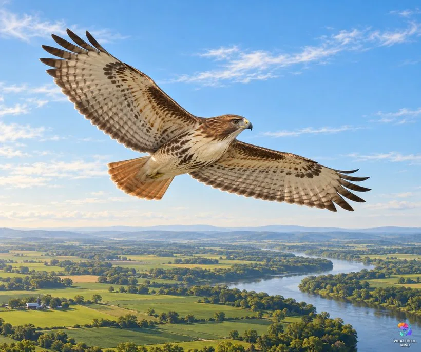 What does it mean when you see a hawk: a red-tailed hawk soaring high above green fields and a river