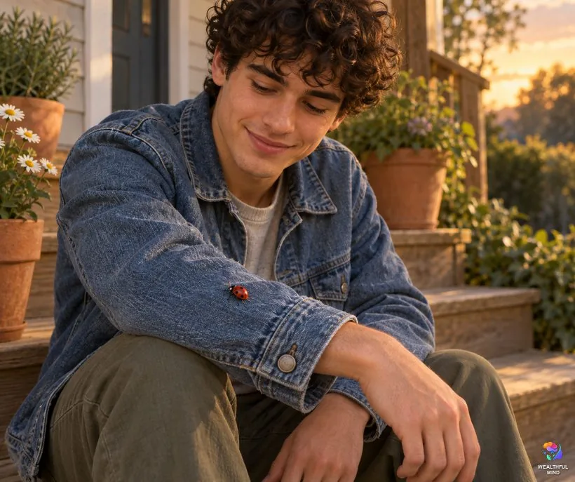 What does it mean when you see a ladybug: a red ladybug walking up a young man's sleeve on porch steps