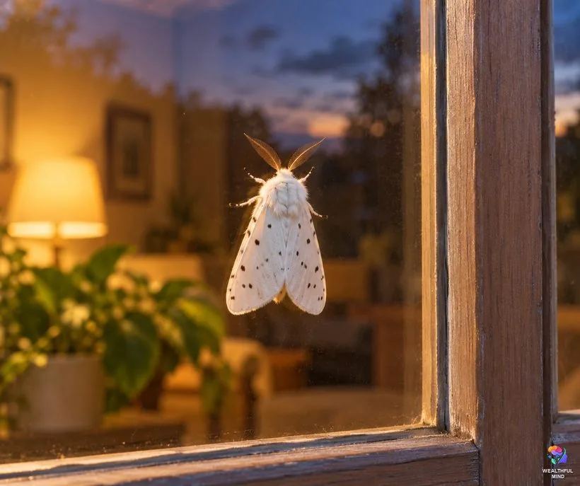 What does it mean when you see a moth: a white ermine moth resting on a softly lit window at twilight