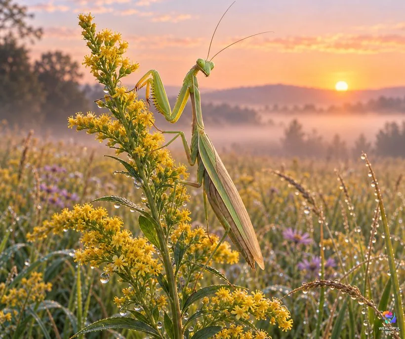 What does it mean when you see a praying mantis: a green mantis sits still on goldenrod in a misty sunrise meadow