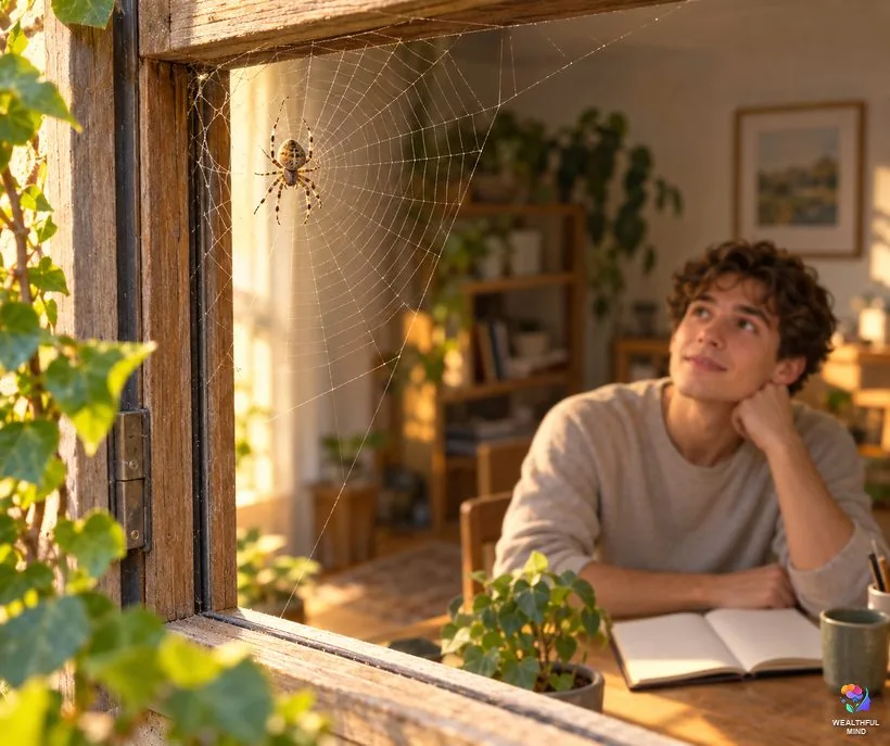 What does it mean when you see a spider: an orb weaver spinning in a sunny window corner near a young man at his desk