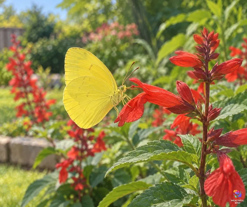 What does it mean when you see a yellow butterfly: a cloudless sulphur feeding on red scarlet sage in a garden