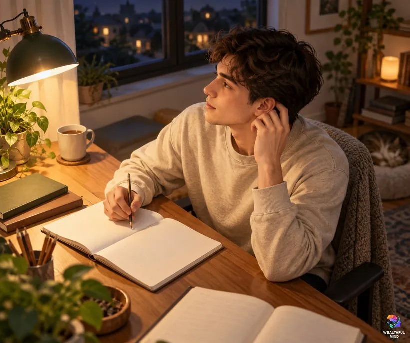 What does it mean when your left ear is ringing: a young man at his desk pausing with a hand near his left ear