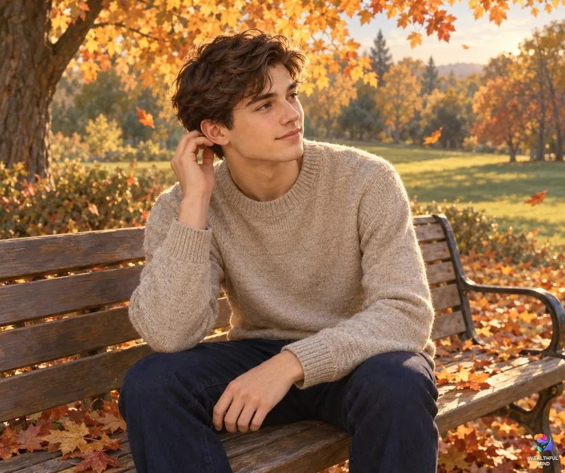 What does it mean when your right ear rings: a young man on a park bench listening, hand near his right ear