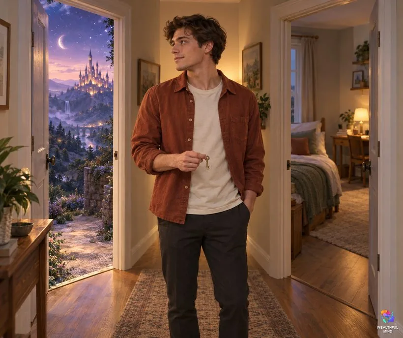What permashifting means: a young man standing between a doorway to a dream world and a doorway back to his own warm bedroom
