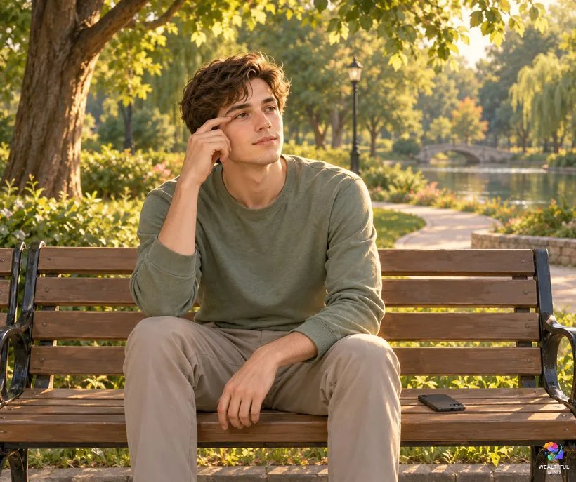 What does right eye twitching mean spiritually: a young man on a park bench pausing, a hand raised near his right eye