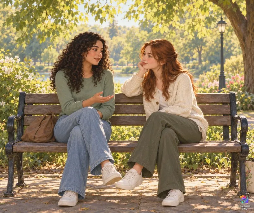 What does the tongue symbolize spiritually: two young friends on a park bench, one speaking gently, one listening
