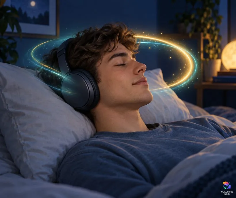 What is 8D audio: a young man with headphones as a ribbon of sound circles from one ear to the other