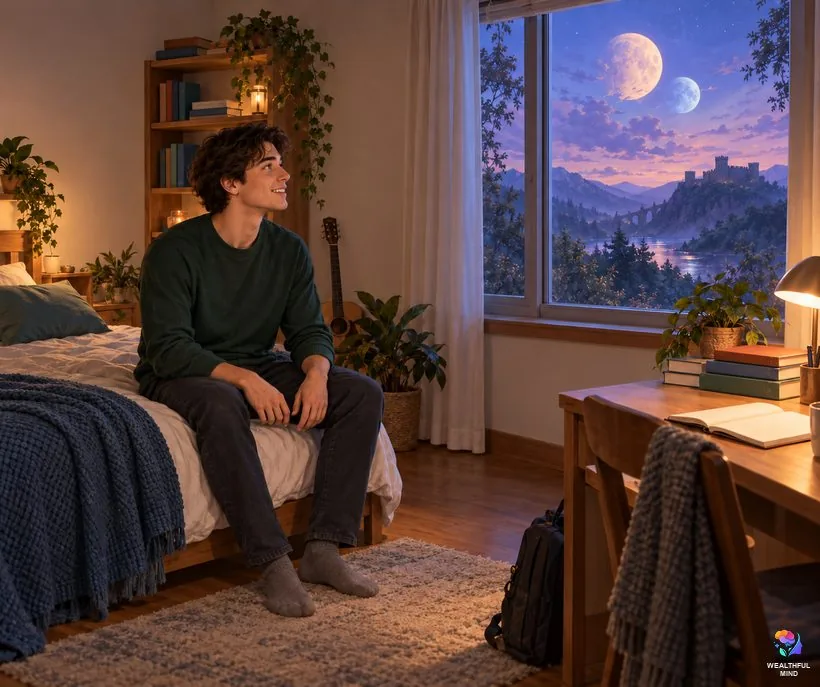 What is a mini shift: a young man smiles as his bedroom window briefly shows another world with two moons and a castle