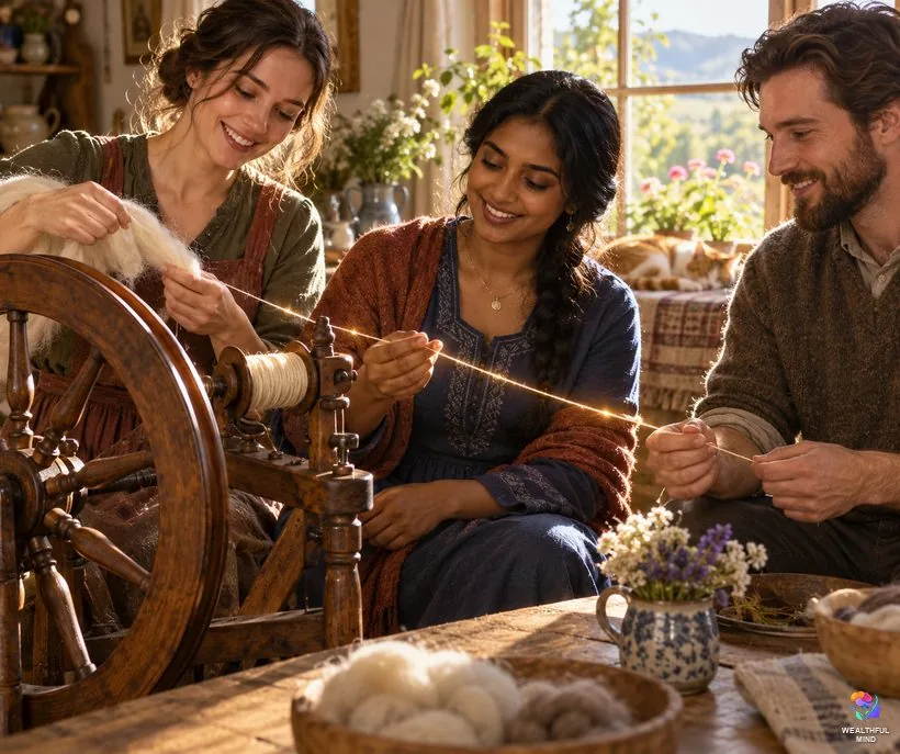 What fate means: three pairs of hands spinning a glowing golden thread of life at a spinning wheel