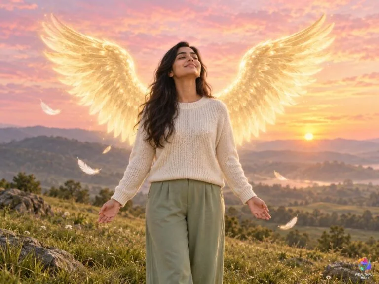 What is my angel number: a young woman at sunrise with glowing angel wings of light and white feathers around her