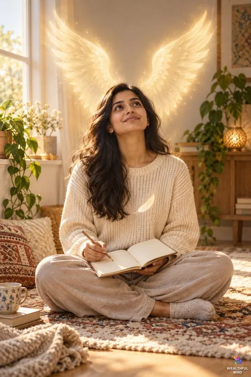 What is my angel number: a young woman with a notebook looks up as a white feather drifts down from glowing angel wings