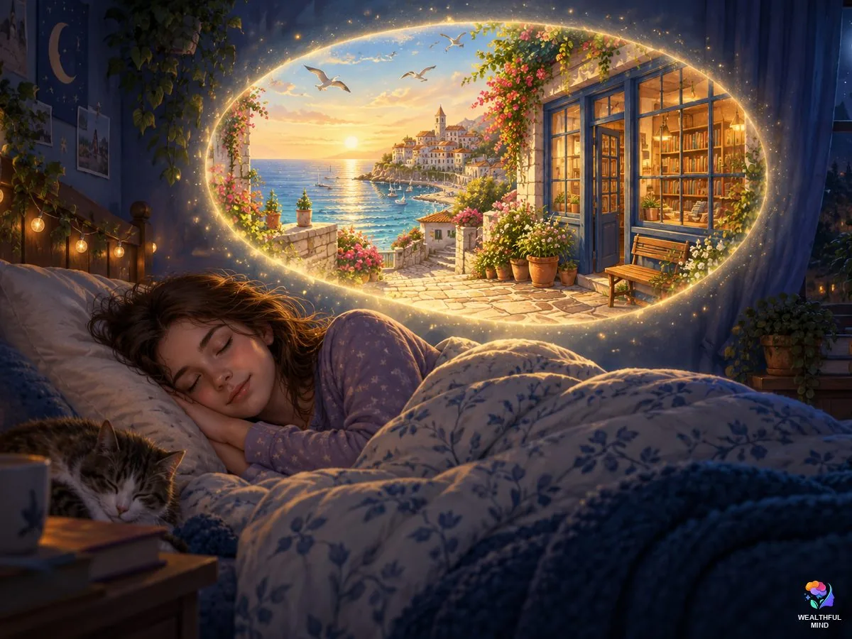What is reality shifting: a girl asleep in her bed while a glowing doorway above her opens onto her desired reality, a sunny seaside town with a little bookshop