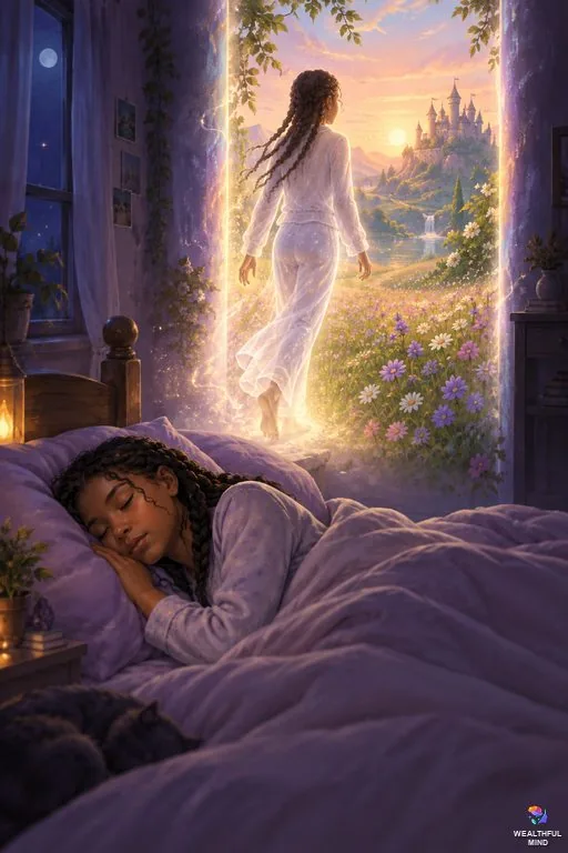 What is reality shifting: a sleeping girl's awareness steps through a glowing doorway into her desired reality
