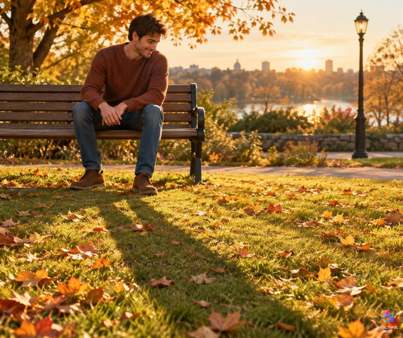 What is shadow work: a young man on a park bench looking curiously at his own long shadow in autumn light
