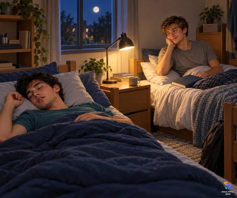What is sleep talking: a young man mumbling in his sleep while his roommate smiles kindly from the next bed