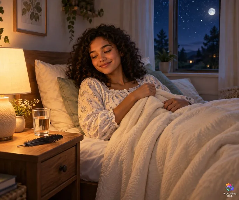 What is the raven method: a young woman settling into bed at night with a raven feather on her bedside table
