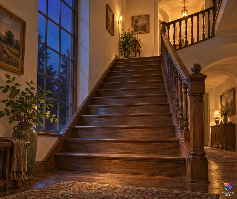 What is the staircase method for shifting: a quiet wooden staircase in a dreamy house, with warm light glowing on the landing at the top