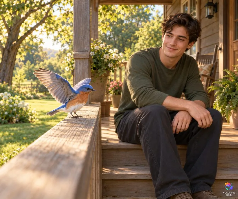 What it means when a bird visits you: a young man on a porch step watching a bluebird land on the railing