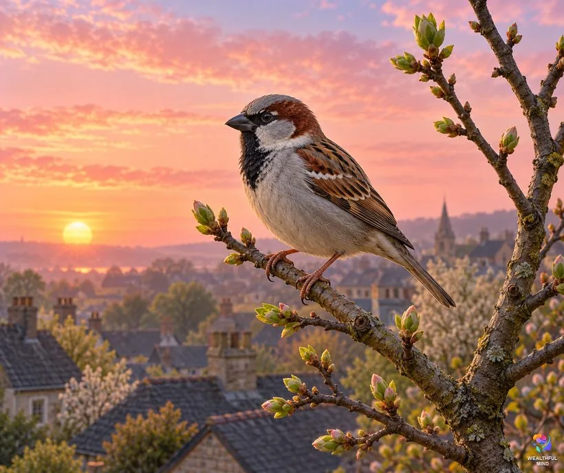 What it means when you find a dead bird: a living house sparrow on a budding branch at dawn