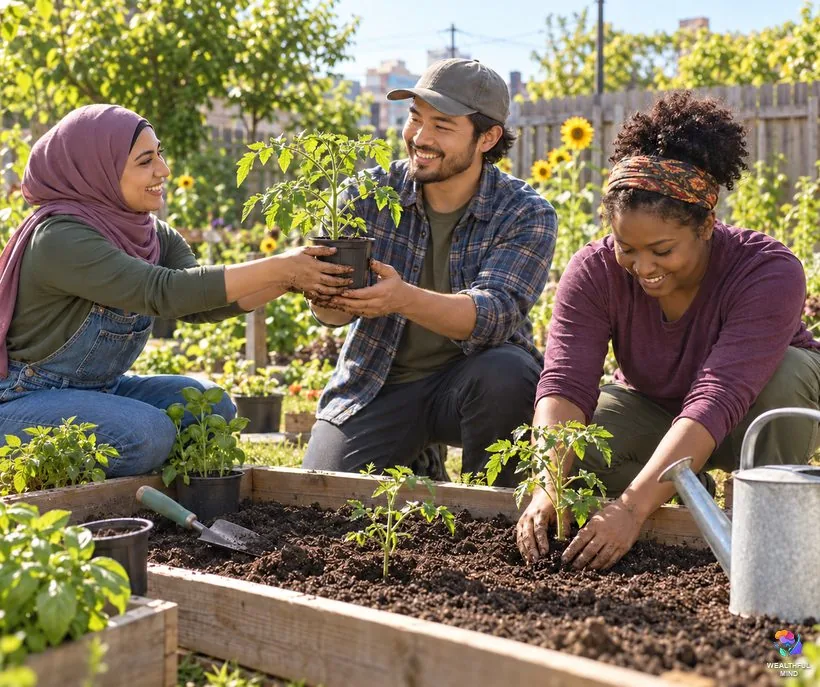 What makes life worth living: young adults planting a community garden together on a sunny morning