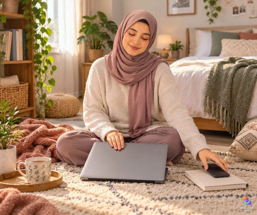 What not to do while manifesting: a young woman putting her phone face down and taking a calm breath instead of checking
