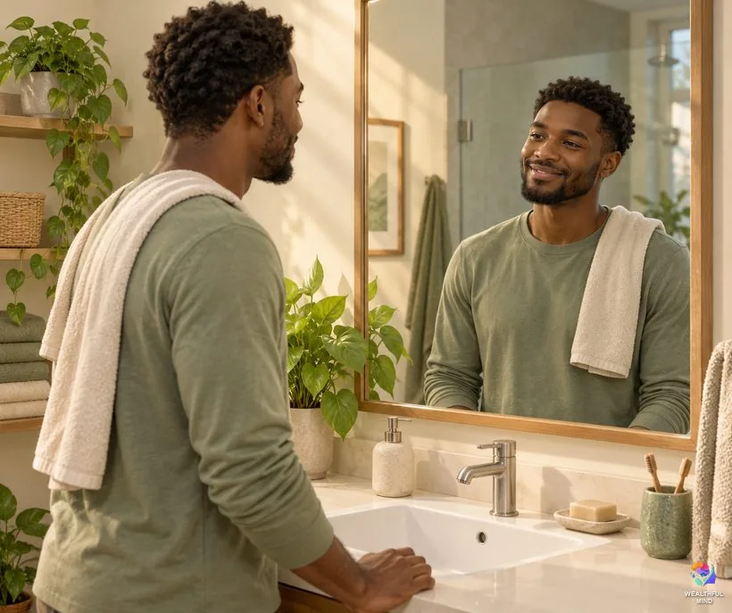 What not to say when manifesting: a young man swapping a harsh thought for a kind one at the mirror