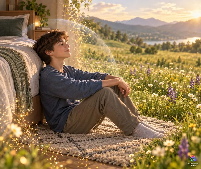 What shifting while awake feels like: a teenager with eyes closed as his bedroom dissolves into light and a meadow appears