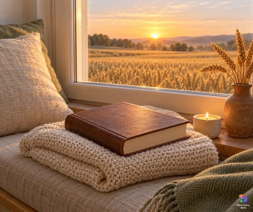 What the Bible says about dreams: a closed leather book by a candle at dawn, with a golden wheat field outside