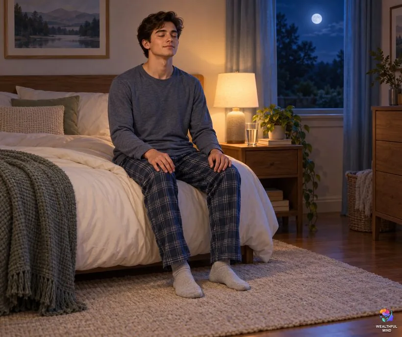 What to do after a scary snake dream: a young man sitting calmly on his bed breathing slowly by a soft lamp