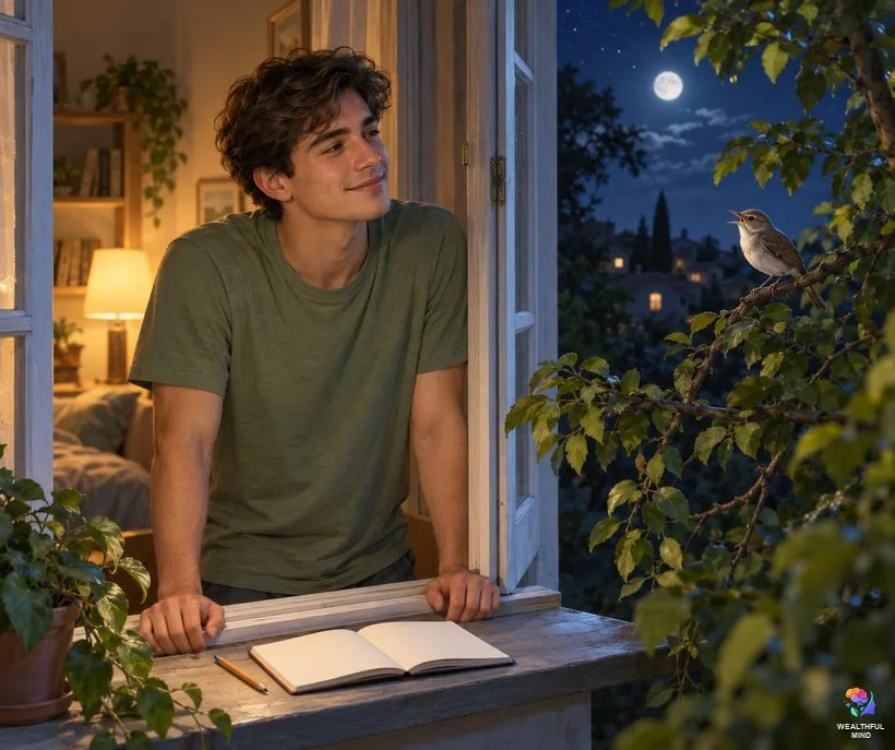 A young man listening at an open window to a bird singing at night