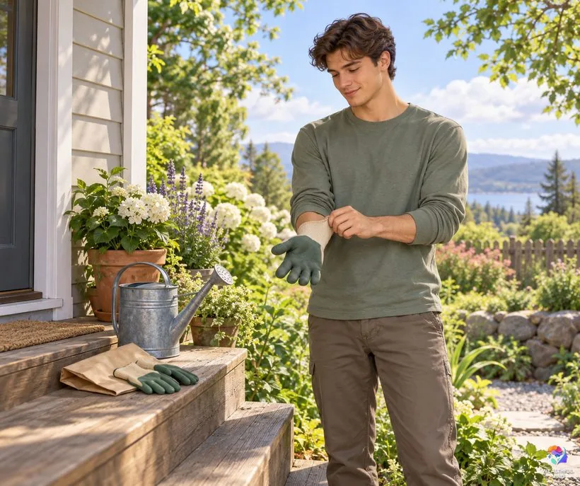 What to do if you find a dead bird: a young man putting on gardening gloves on a porch step