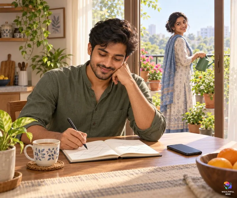 What to do when you see 5206: a young man writing in a journal at a sunny kitchen table