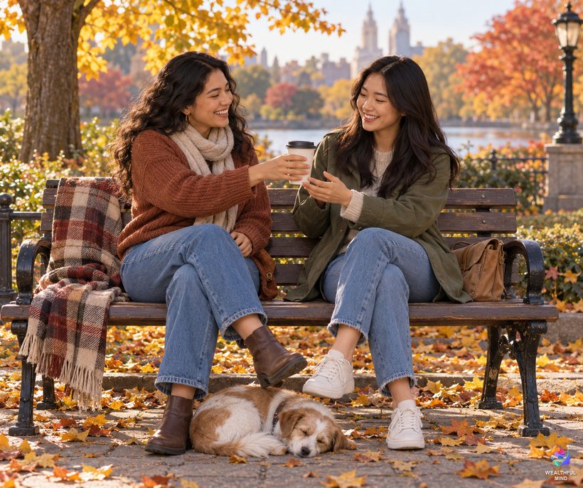 What to do when you see 7482: two friends sharing a warm drink and a laugh on a park bench