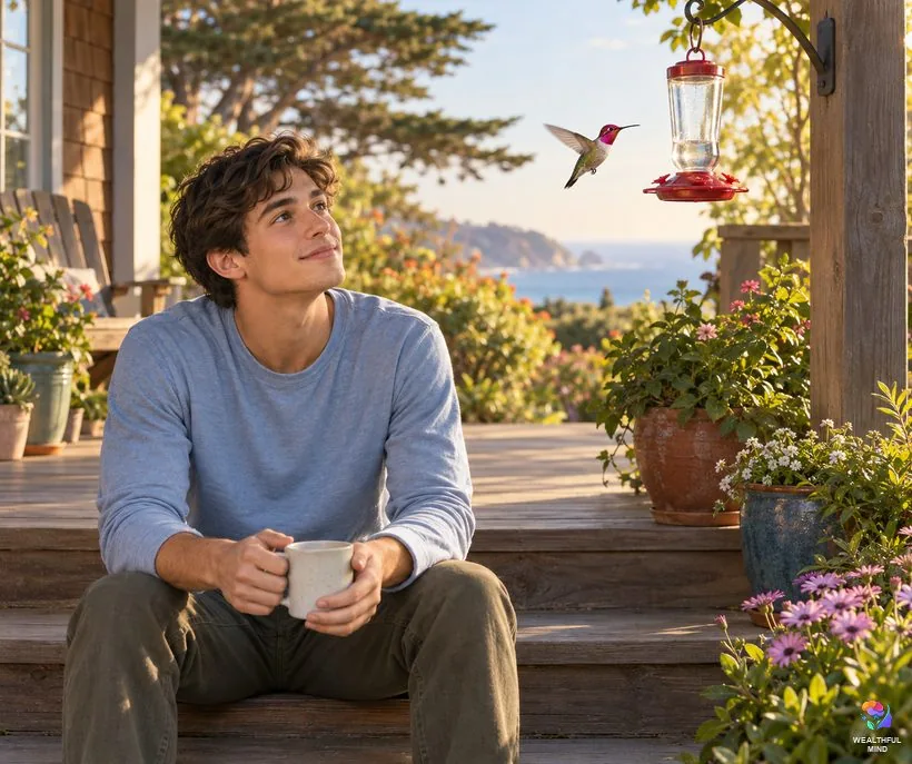 When a hummingbird visits you: an Anna's hummingbird hovering by a porch feeder as a young man watches